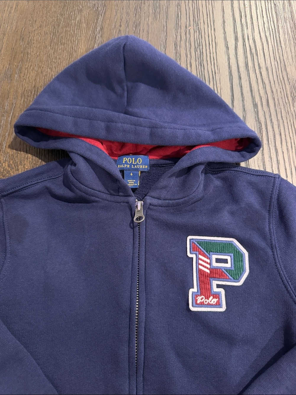 Polo by Ralph Lauren Navy Hoodie with Red Lining and 'P' Patch 6 - Picture 2 of 4